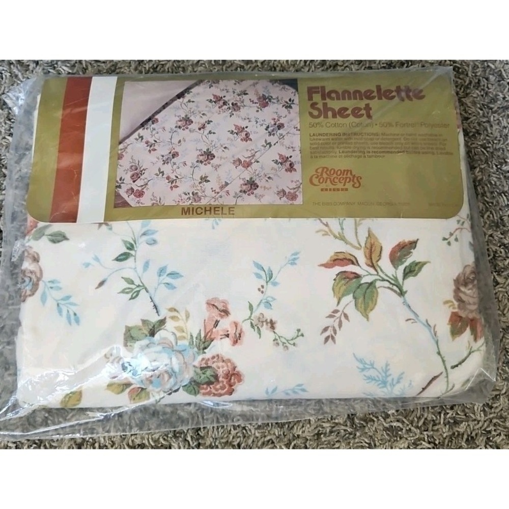 vintage Twin flat sheet Brown Blue Rust floral NOS flannelette mcm retro